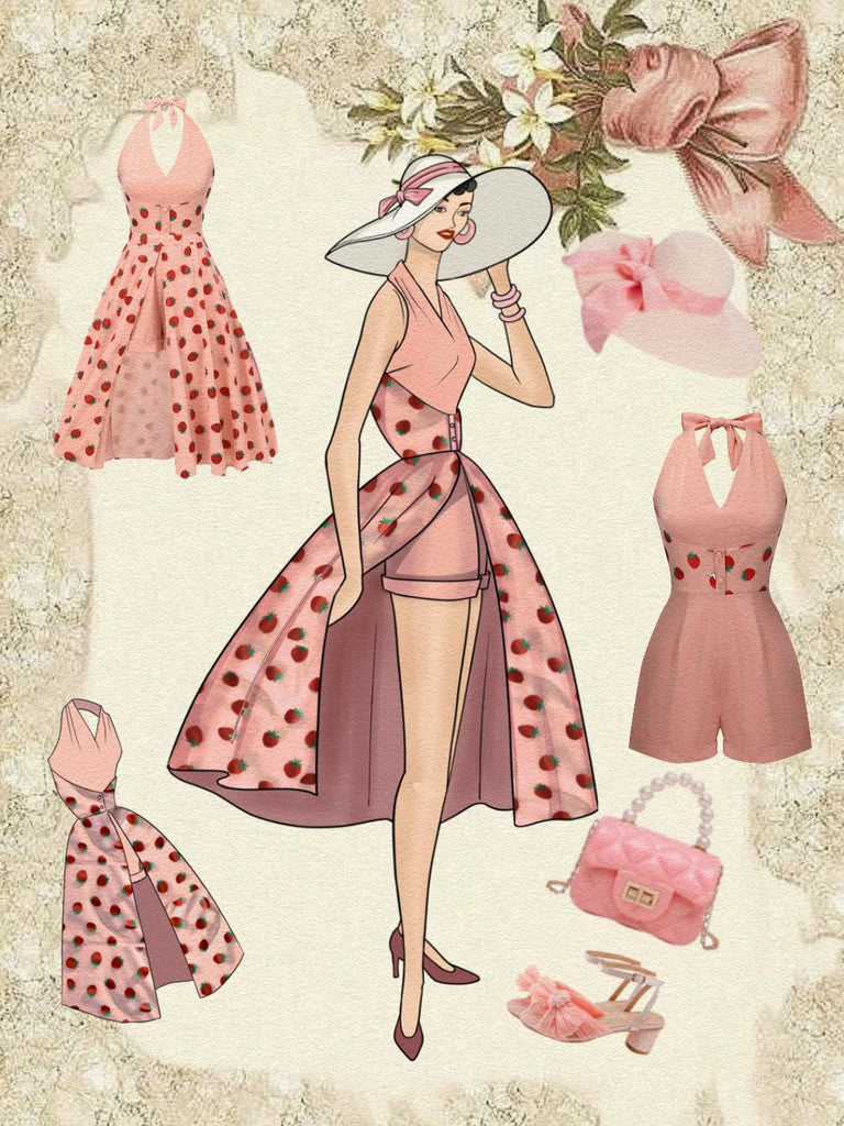 2PCS Tuta corta scollo a V gonna a ombrello rosa anni '50