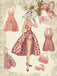 2PCS Tuta corta scollo a V gonna a ombrello rosa anni '50