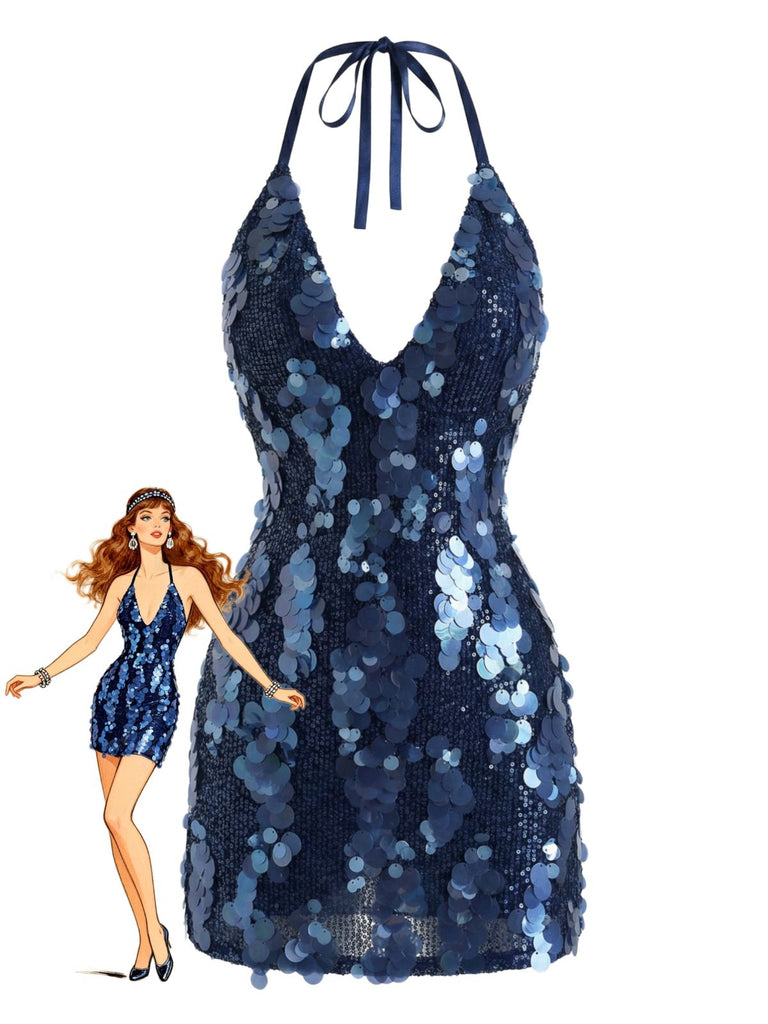 Abito con paillettes e scollo all'americana blu scuro anni 2000