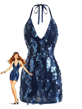 Abito con paillettes e scollo all'americana blu scuro anni 2000