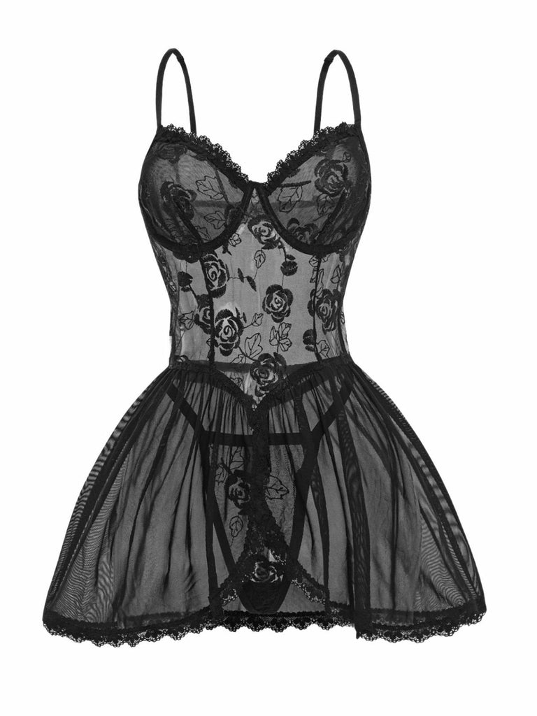Camicia da notte babydoll rose in pizzo trasparente nero anni '70