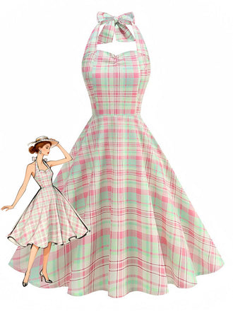 Abito a quadri con scollo all'americana e schiena scoperta rosa anni '50