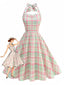 Abito a quadri con scollo all'americana e schiena scoperta rosa anni '50