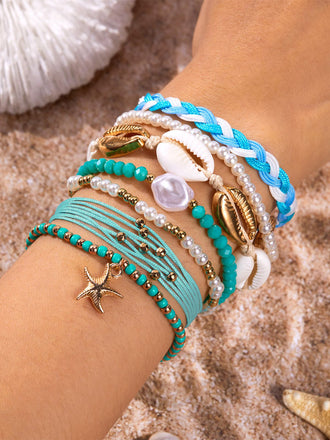 7PCS di Bracciali Blu Intrecciati a Strati con Conchiglie e Perline