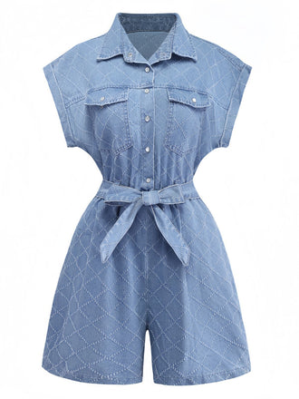 Tuta corta blu anni '80 multiuso in denim con bottoni