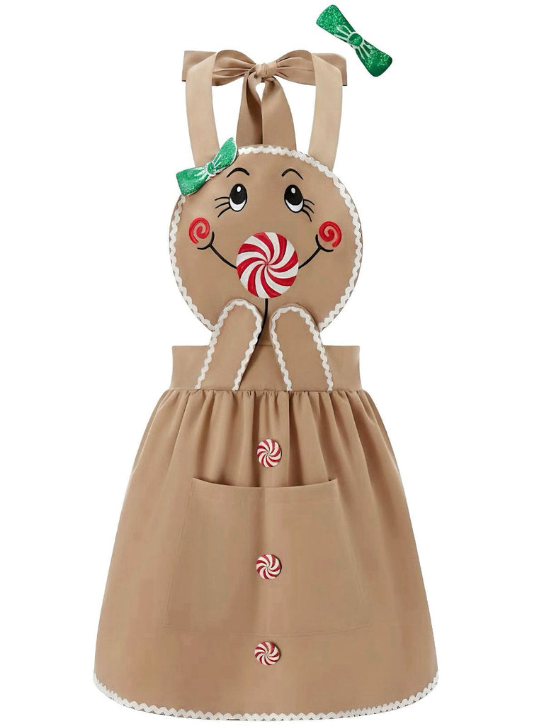 Vestito grembiule con lecca-lecca e pan di zenzero marrone anni '40