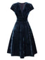 Abito in velluto perla scollo a V profondo blu anni '40