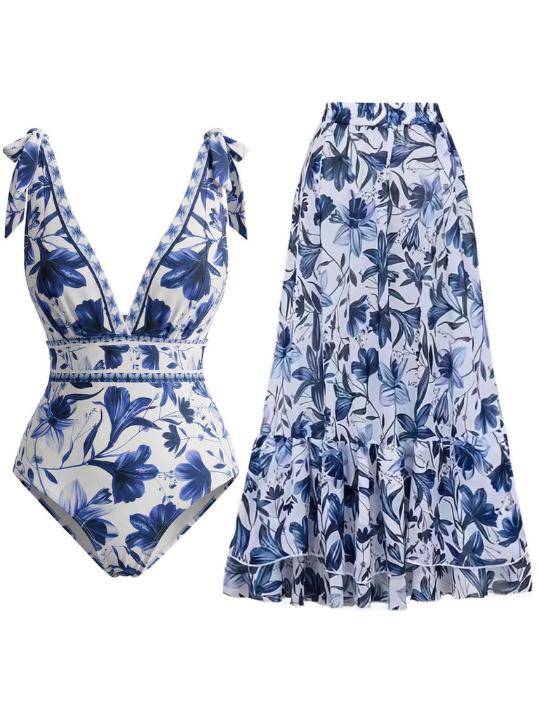 2PCS Costumi intero floreale scollo a V e copricostume blu anni '40
