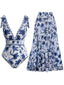 2PCS Costumi intero floreale scollo a V e copricostume blu anni '40