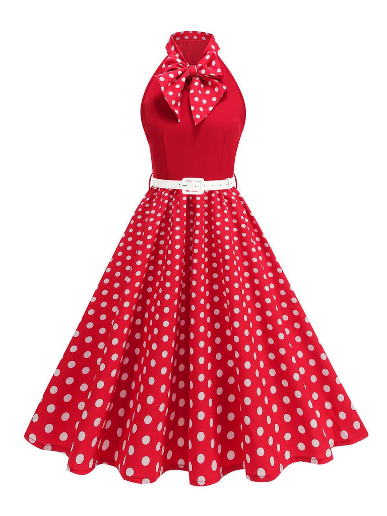 Abito a pois con cintura e collo a fiocco anni '50