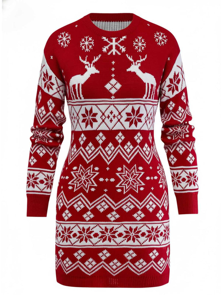 Abito in maglia jacquard con fiocco di neve e renne natalizie anni '60