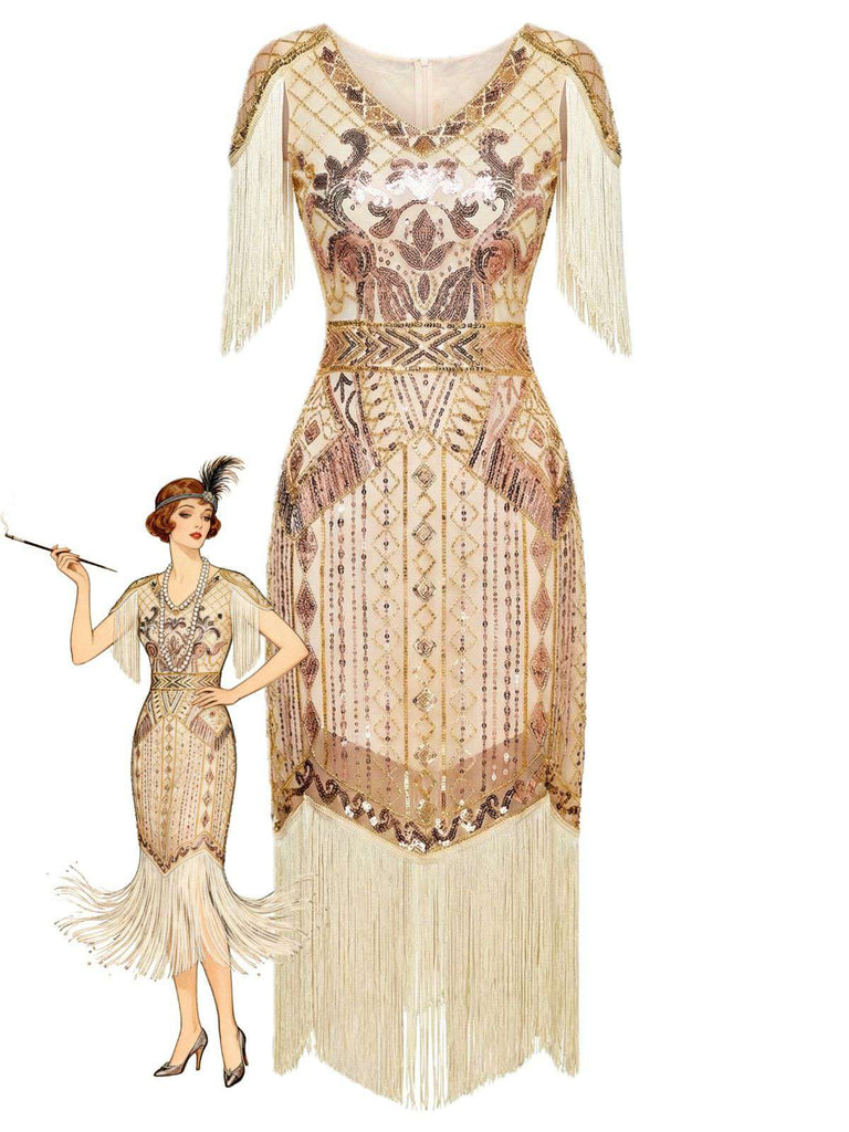 Abito flapper con frange di paillettes e scollo a V anni '20