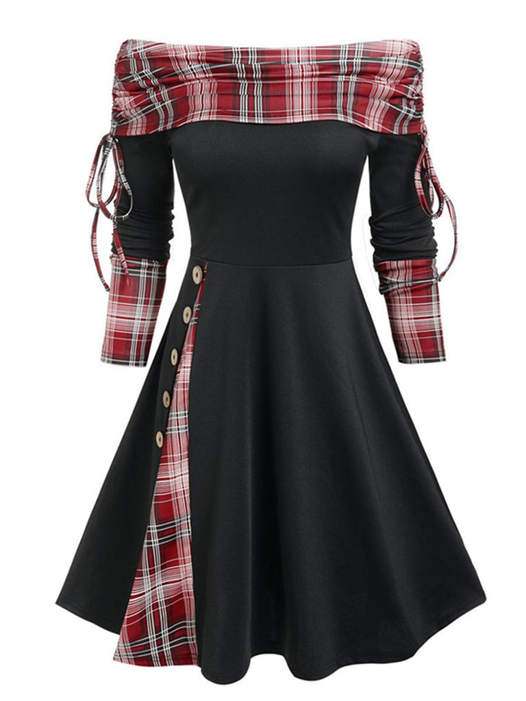 Abito a quadri a spalle scoperte e patchwork anni '50