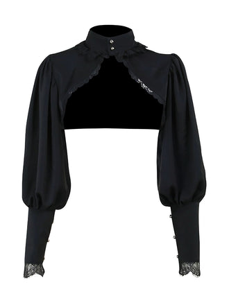 Top in pizzo gotico con collo alto nero anni '80