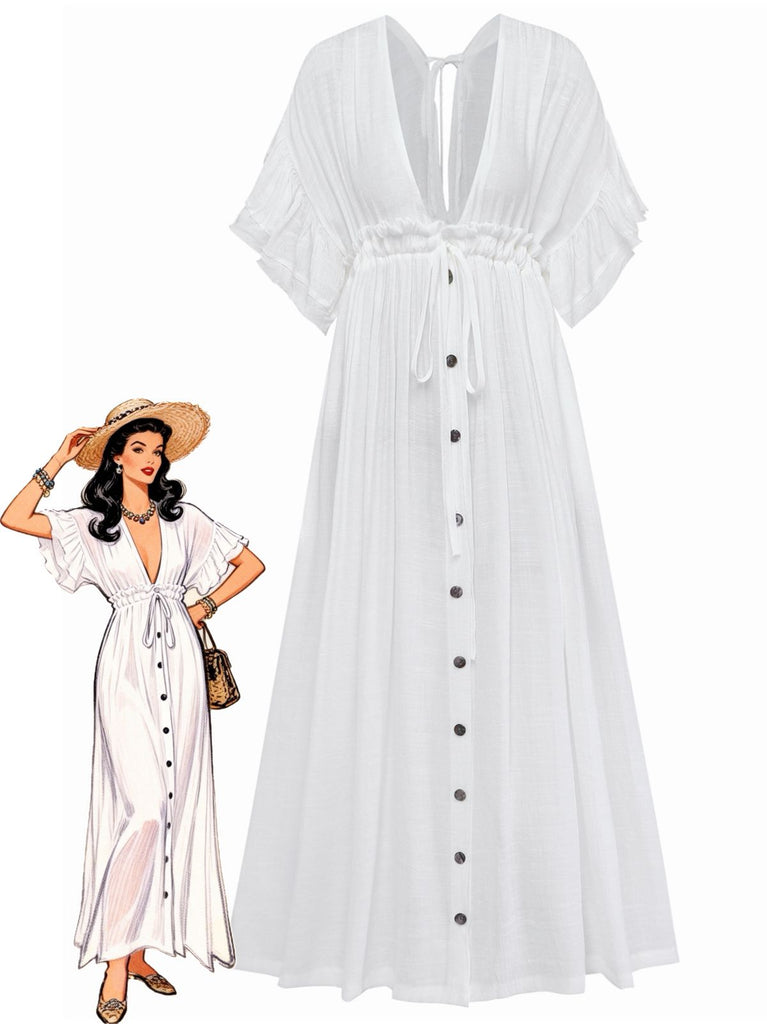 Copricostume da spiaggia in rayon slub con scollo a V anni '30