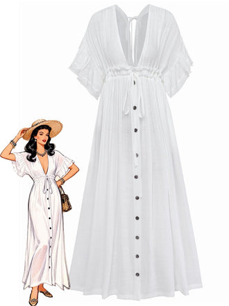 Copricostume da spiaggia in rayon slub con scollo a V anni '30