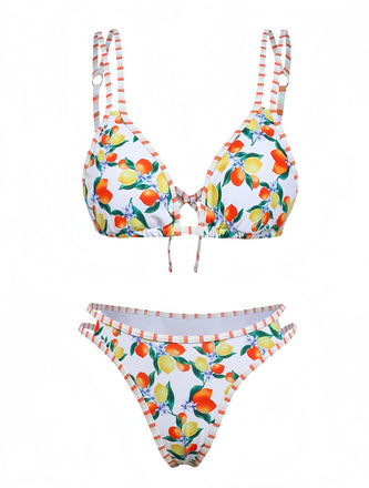 Set Bikini Anni '60 Bianco a Triangolo con Stampa Agrumi