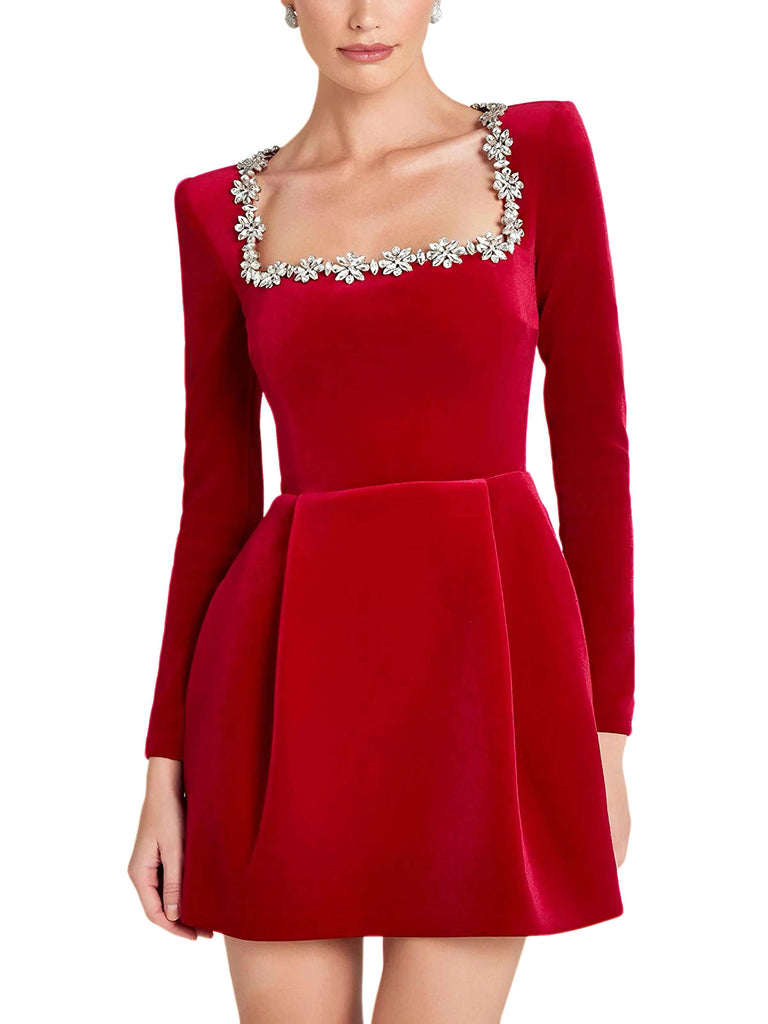 Abito in velluto con scollo quadrato e diamanti nero anni '60