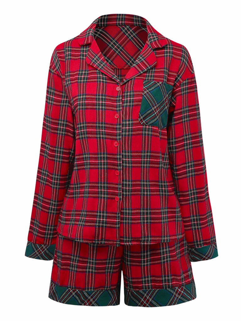 2PCS Pigiama a quadri natalizio rosso anni '30