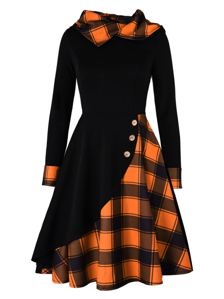 Abito a quadri patchwork con cappuccio arancione anni '50