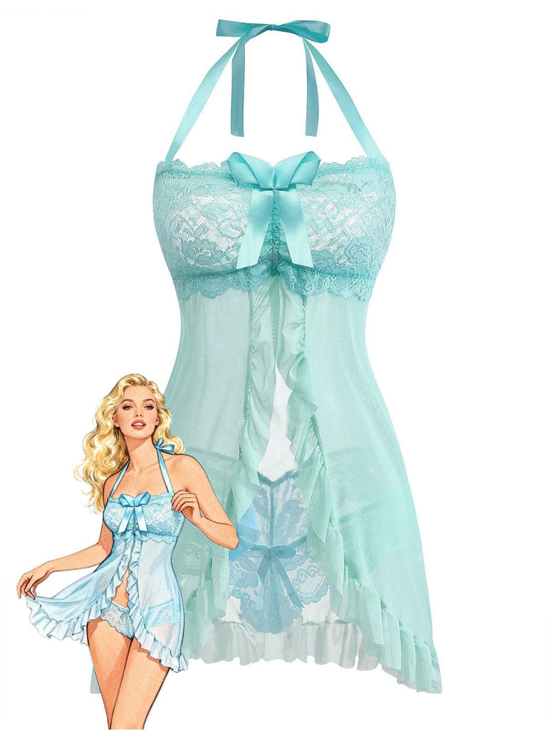 [Prevendita] Completo intimo in pizzo con fiocco e volant blu acqua anni '80