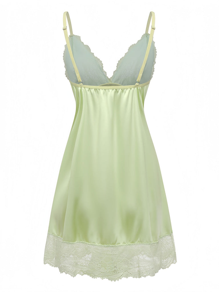 Camicia da notte in pizzo e raso con scollo a V verde anni '60