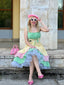 Abito patchwork multicolore anni '50 con spalline a quadri mostra