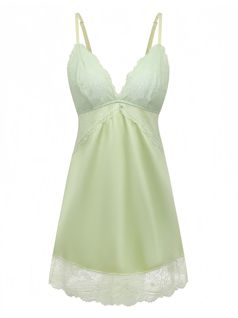 Camicia da notte in pizzo e raso con scollo a V verde anni '60