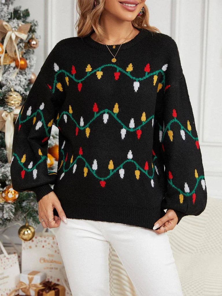 Maglione lavorato a maglia con luci di Natale nero anni '60