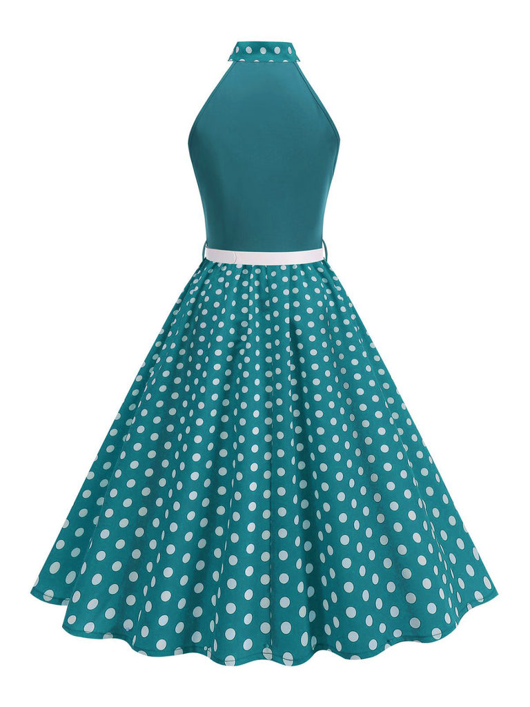 Abito a pois con cintura e collo a fiocco anni '50