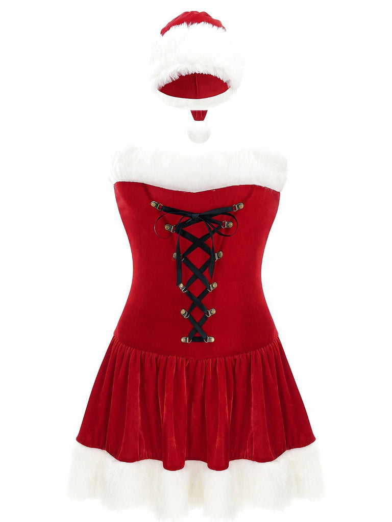 Abito da Babbo Natale in peluche con lacci e spalline rosso anni '70