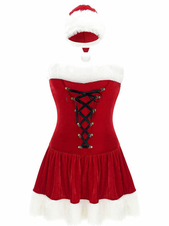 Abito da Babbo Natale in peluche con lacci e spalline rosso anni '70