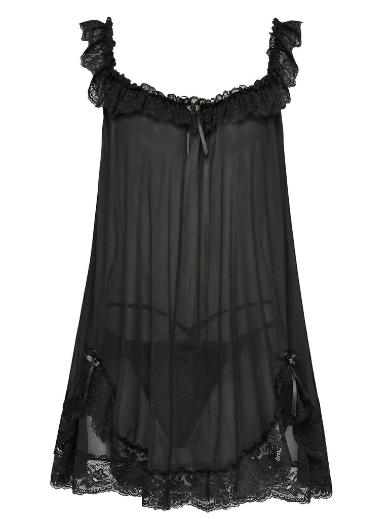 Camicia da notte babydoll in rete in pizzo con fiocco anni '50