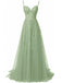Abito lungo in tulle di pizzo con spalline sottili verde anni '30