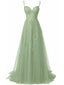 Abito lungo in tulle di pizzo con spalline sottili verde anni '30