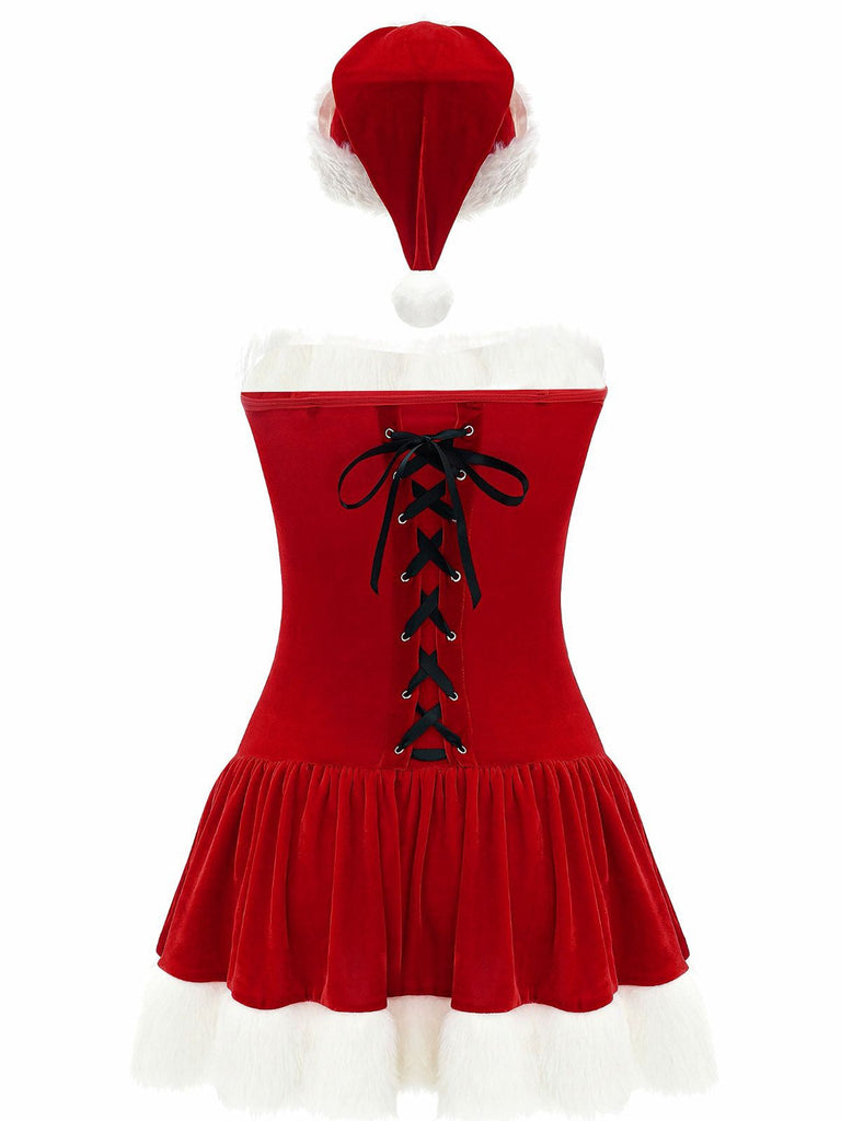 Abito da Babbo Natale in peluche con lacci e spalline rosso anni '70