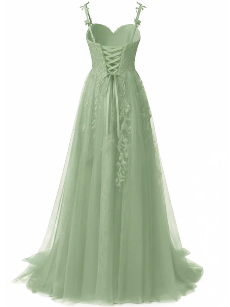Abito lungo in tulle di pizzo con spalline sottili verde anni '30