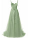Abito lungo in tulle di pizzo con spalline sottili verde anni '30