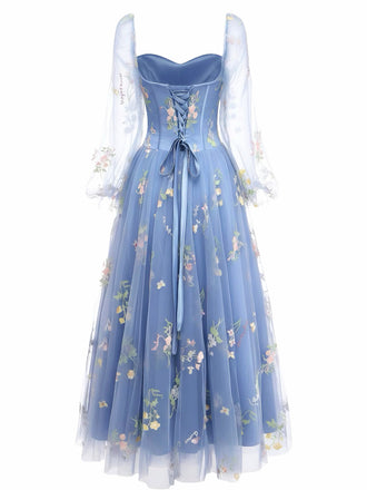 Abito con ricami floreali in rete a maniche lunghe blu anni '30
