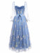 Abito con ricami floreali in rete a maniche lunghe blu anni '30
