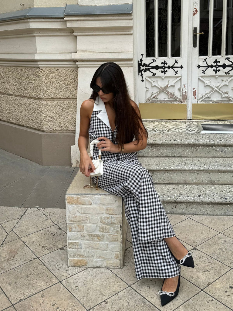 Tuta lunga plaid scollo all'americana nero anni '40