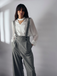 2PCS camicetta  maniche a sbuffo in raso e pantaloni anni '40