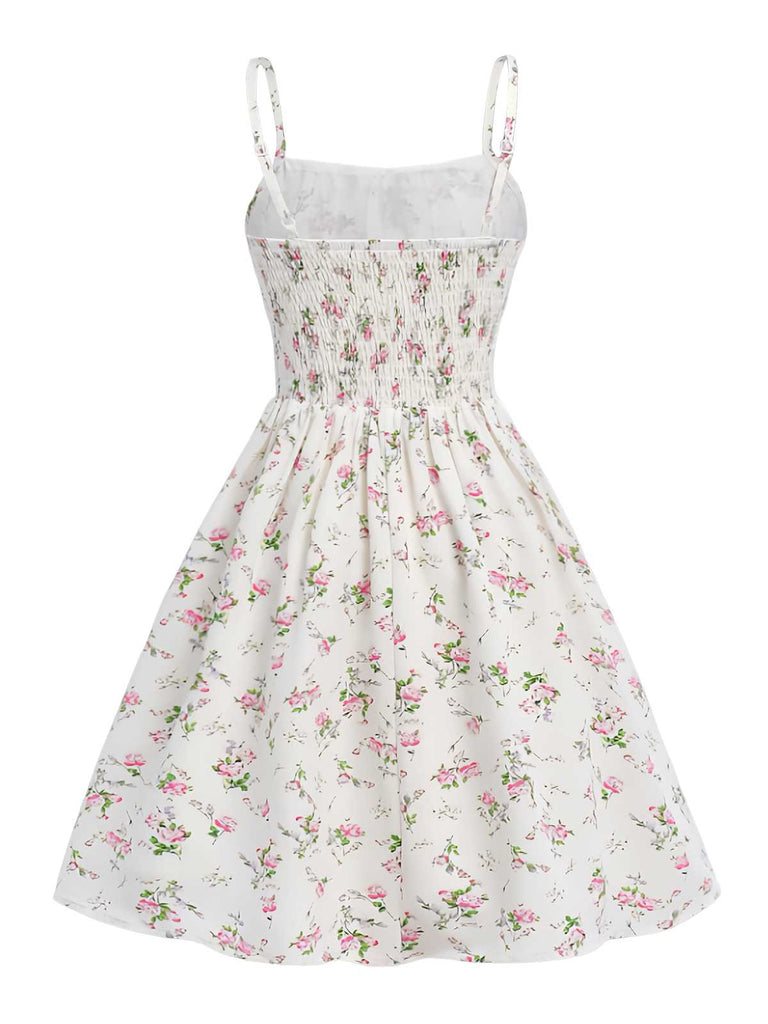 Abito a trapezio bianco floreale con spalline sottili anni '50