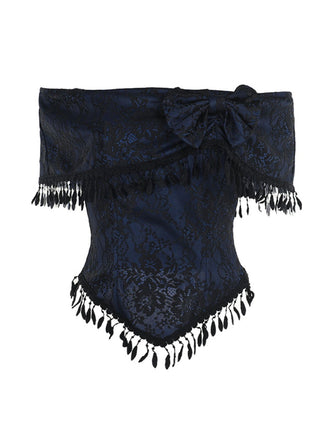 Top in pizzo con spalle scoperte e nappe Halloween blu anni '30