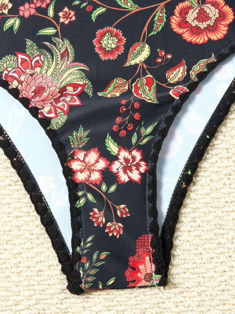 2PCS Costumi intero e copricostume con frange e floreale anni '60