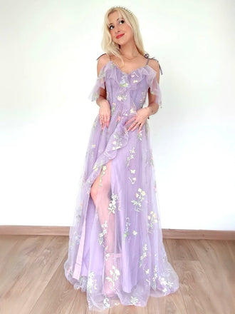 [Prevendita] Abito in rete ricamato a fiori a sottoveste con spacco viola anni '70