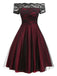 Abito svasato in pizzo con spalle scoperte bordeaux anni '50