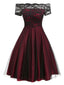 Abito svasato in pizzo con spalle scoperte bordeaux anni '50