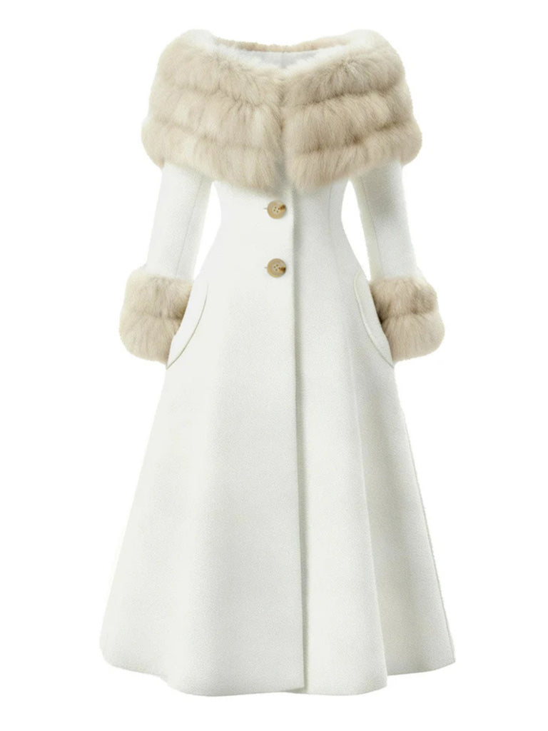 Cappotto con collo di pelliccia multistrato color crema anni '50