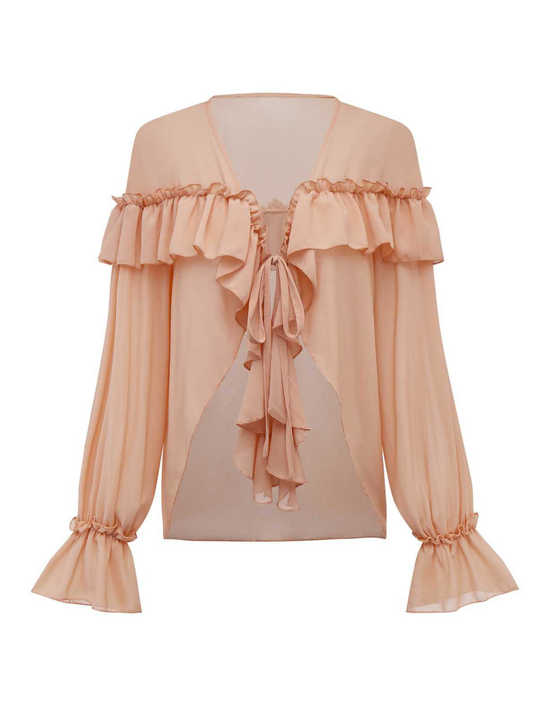 Blusa boho tinta unita con volant a cascata anni '70